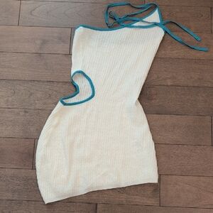 Peppermayo Cream Knit Mini Dress with Teal Trim